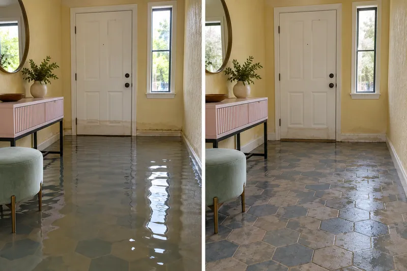 Water Extraction Near Steeplechase Park — standing water and damp floor after extraction