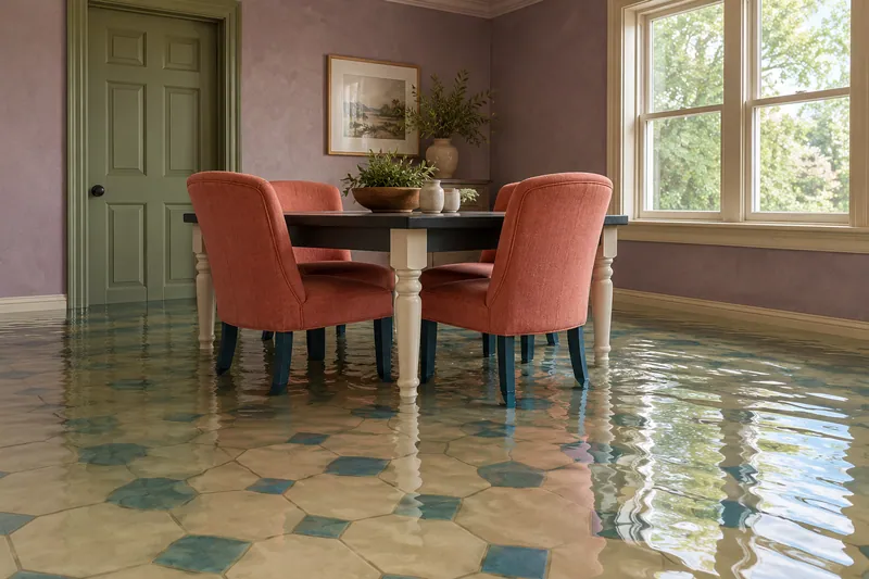 Water Extraction Near Waterleaf Park — pooled water and submerged furniture feet