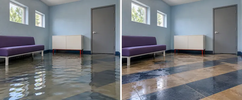Water Extraction Near La Verde Park — standing water and damp floor after extraction